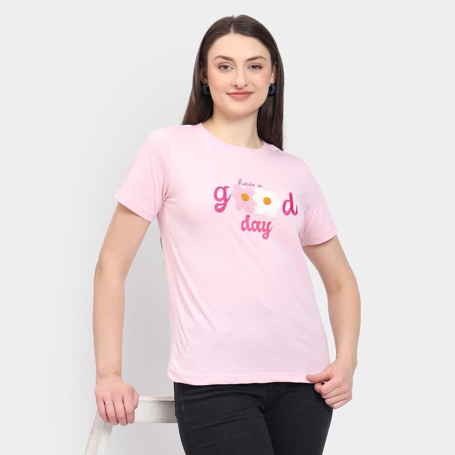 Ladies' 100% Cotton Round Neck T-Shirt, गुलाबी, large