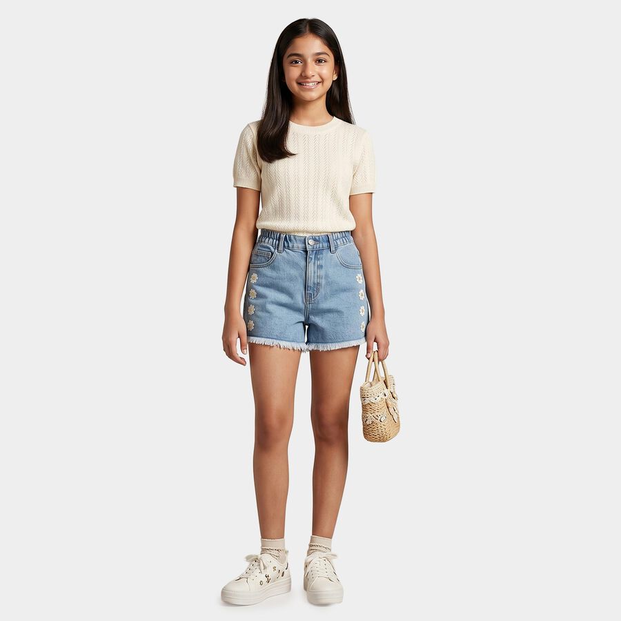 Girls Light Blue Regular Fit Daisy Applique Denim Shorts, Light Blue, large