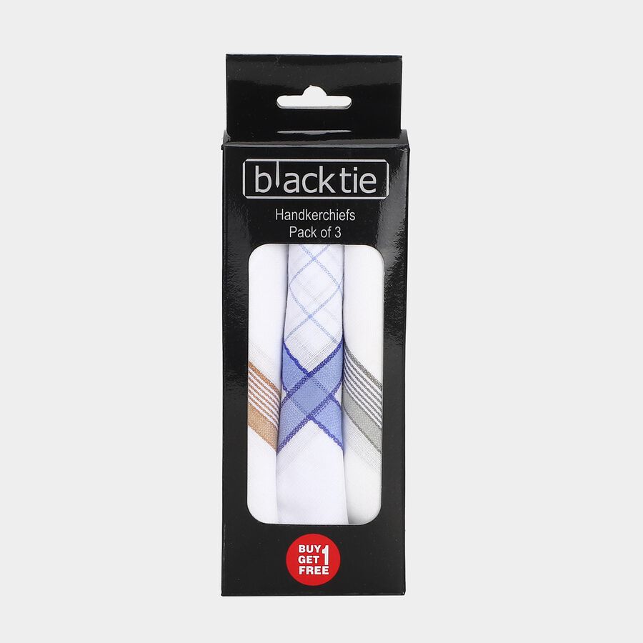 Men's White Assorted Patterned Pack of 3 Handkerchief, Light Blue, large