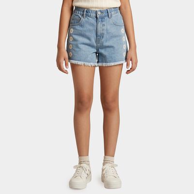 Girls Light Blue Regular Fit Daisy Applique Denim Shorts