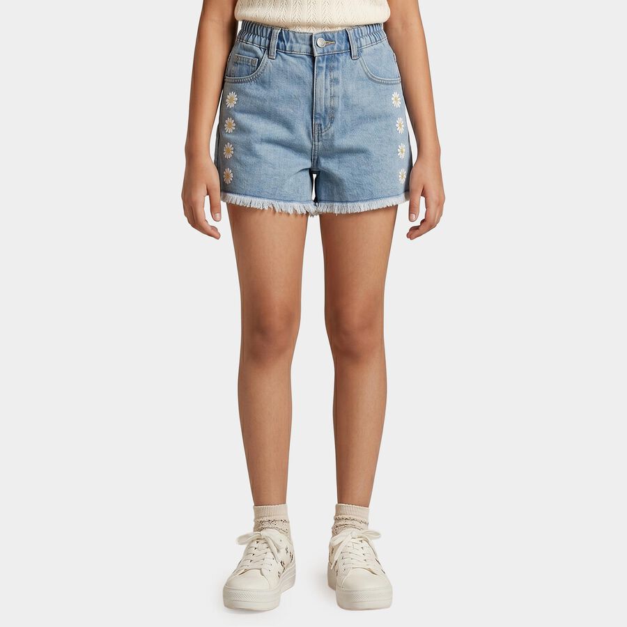 Girls Light Blue Regular Fit Daisy Applique Denim Shorts, Light Blue, large