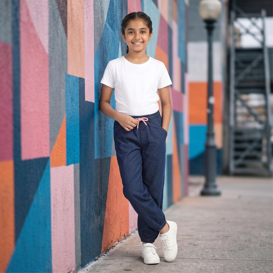 Girls' Navy Blue Jogger Fit Drawstring Jeans, मध्यम नीला, large