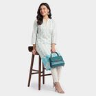 Women's Turquoise Band Collar Floral Printed Straight Kurta, Aqua, small