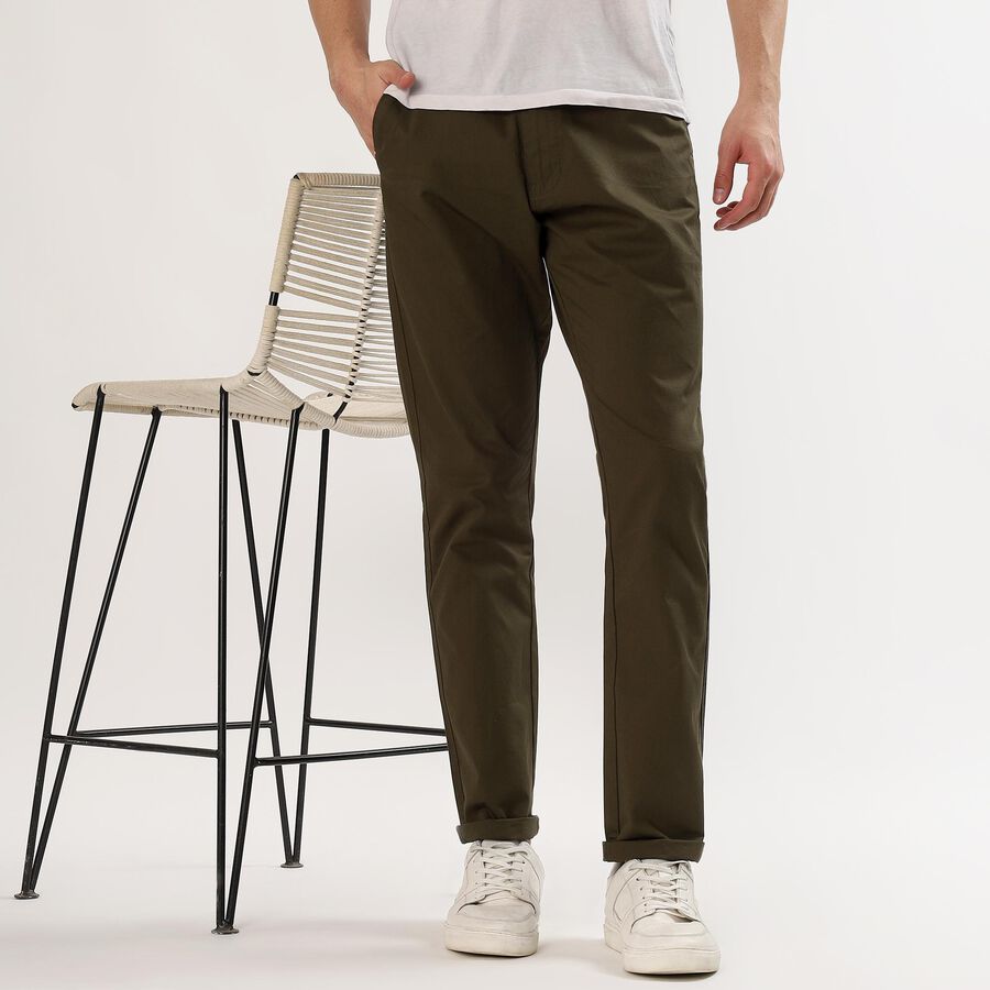 Men's Muted Olive Green Slim Fit Flat-Front Casual Trousers, Olive, large image number null