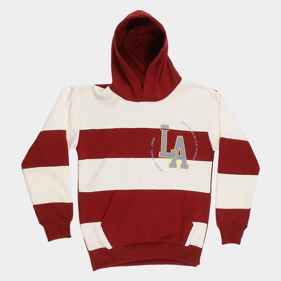 Boys Rich Maroon and White Hooded Neck Striped Sweatshirt, मरून, large image number null