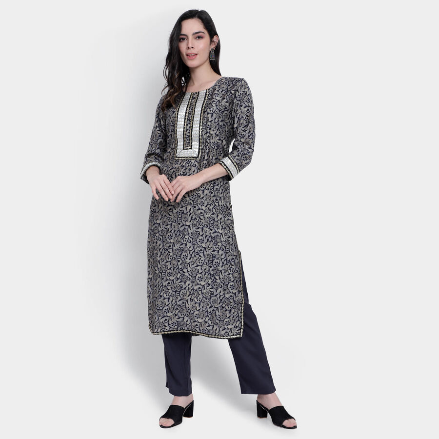 All Over Print 3/4th Sleeves Flared Kurta, Black, large image number null