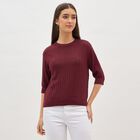 Women's Deep Maroon Crew Neck Casual Knitted Top, वाइन, small