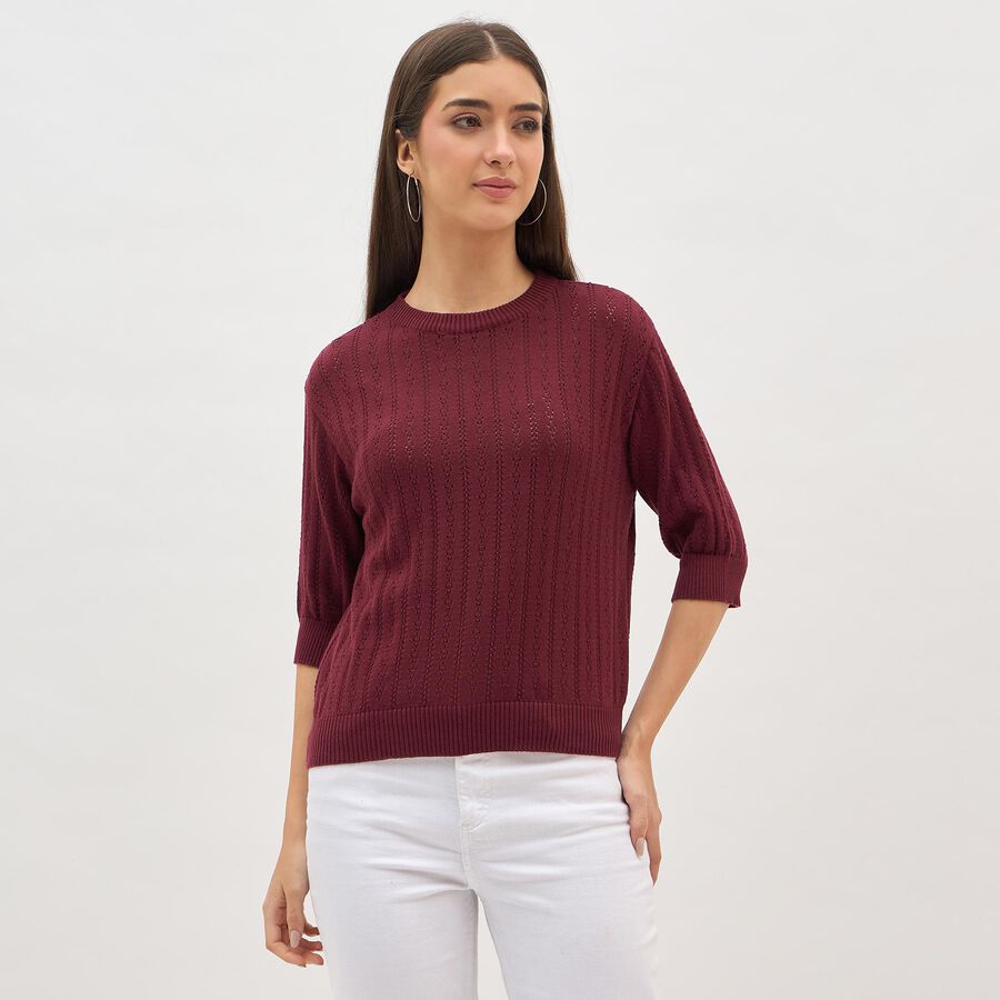 Women's Deep Maroon Crew Neck Casual Knitted Top, वाइन, large
