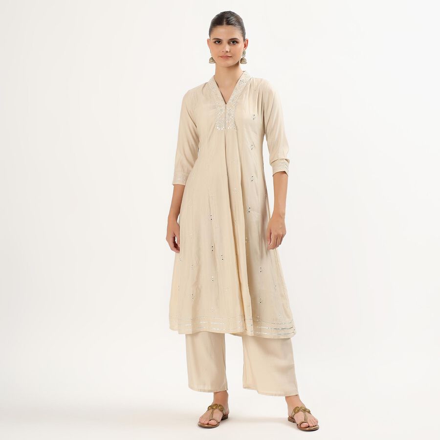 Women's Beige V-Neck Embroidered Kurta, Beige, large image number null