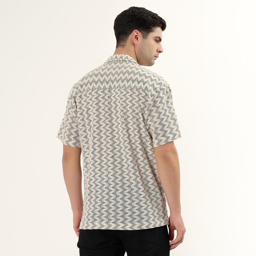 Men's Black and Beige Zigzag Printed Cuban Collar Casual Shirt, Black, large