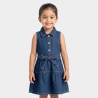 Girls' Navy Blue Tiered Belted Shirt Style Frock, गहरा नीला, small