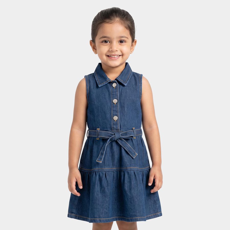 Girls' Navy Blue Tiered Belted Shirt Style Frock, गहरा नीला, large