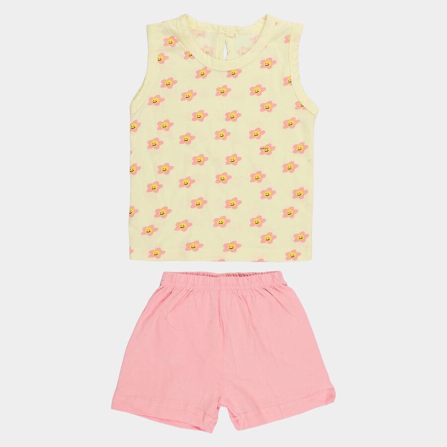 Infants Yellow Cotton Round Neck Printed Top And Shorts Set, Yellow, large