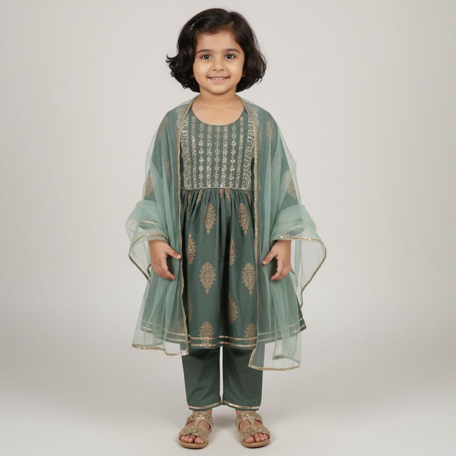 Girls Soft Lavender Purple Embroidered Top and Pant Fusion Set, हल्का हरा, large image number null