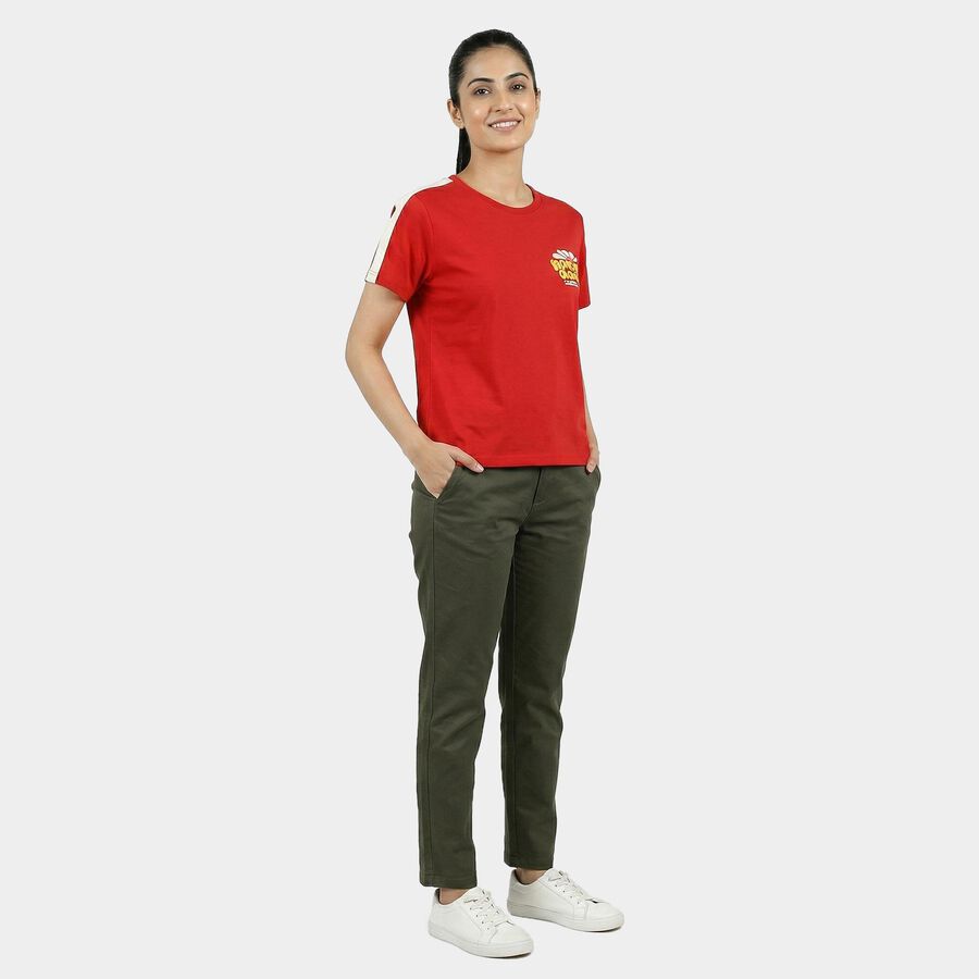 Women Red Round Neck Casual T-Shirt, Red, large