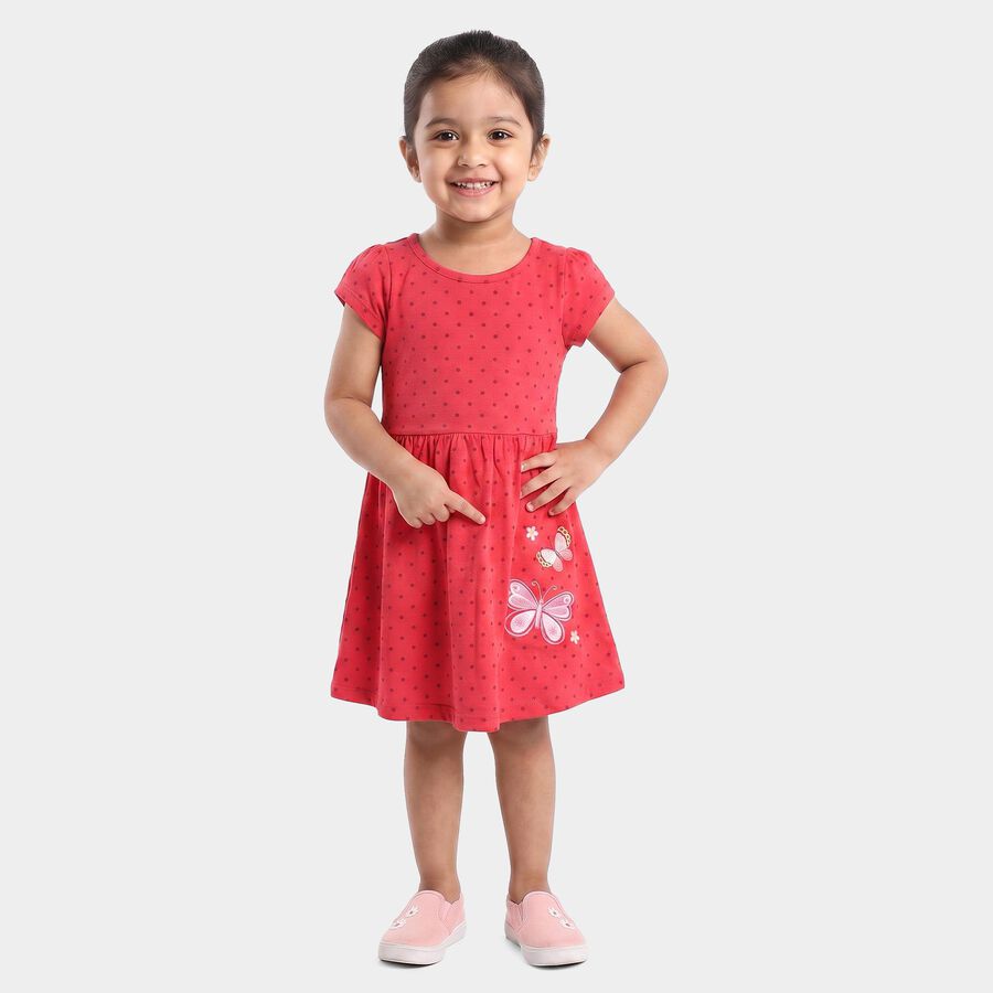Girls' Fuchsia Fit and Flare Polka Dot Butterfly Print Frock, Fuchsia, large