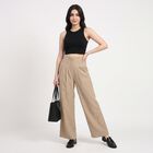 Women's Beige Wide Leg Pleated Trousers, Beige, small