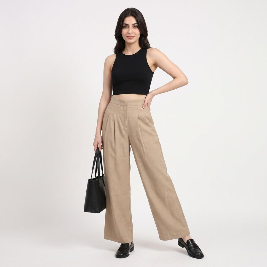 Women's Beige Wide Leg Pleated Trousers, Beige, large