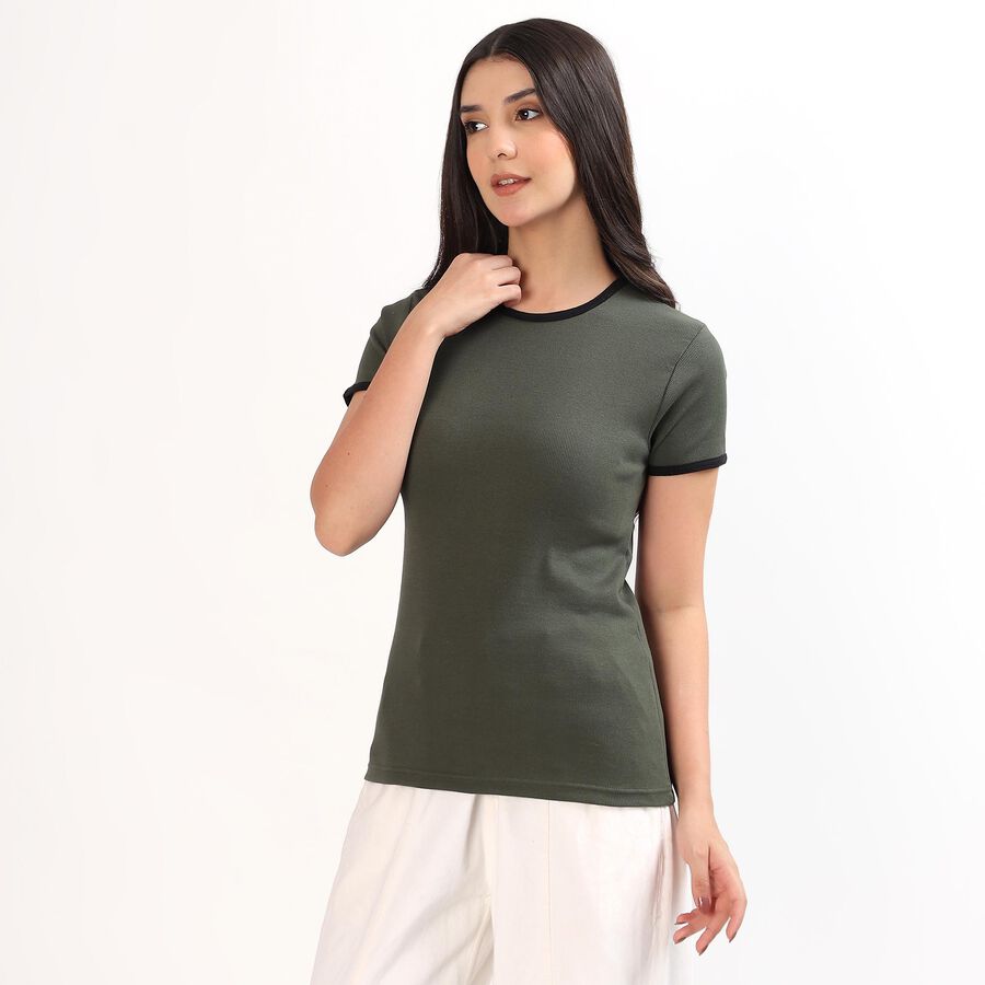 Women's Dark Olive Green Cotton Round Neck Casual Top, गहरा हरा, large