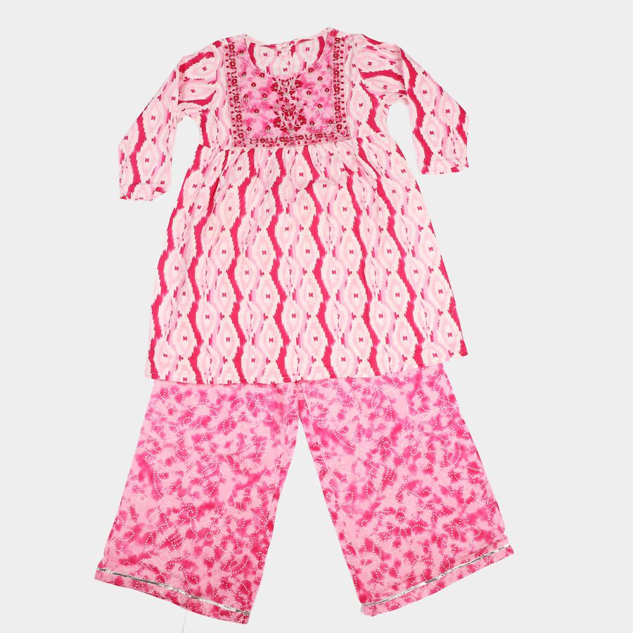 Girls Pink Round Neck Fusion Set Upper and Bottom Set, Pink, large