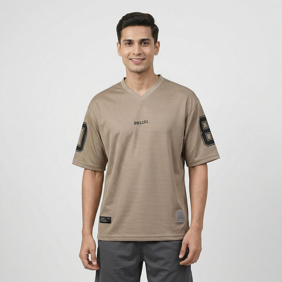 Men's Beige Crew Neck Athleisure T-Shirt, Beige, large