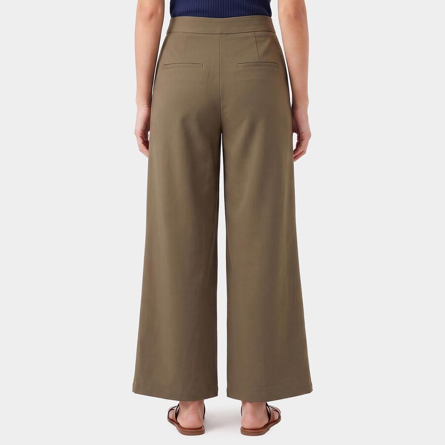Women's Olive Green Wide-Leg Flat-Front Trousers, Olive, large