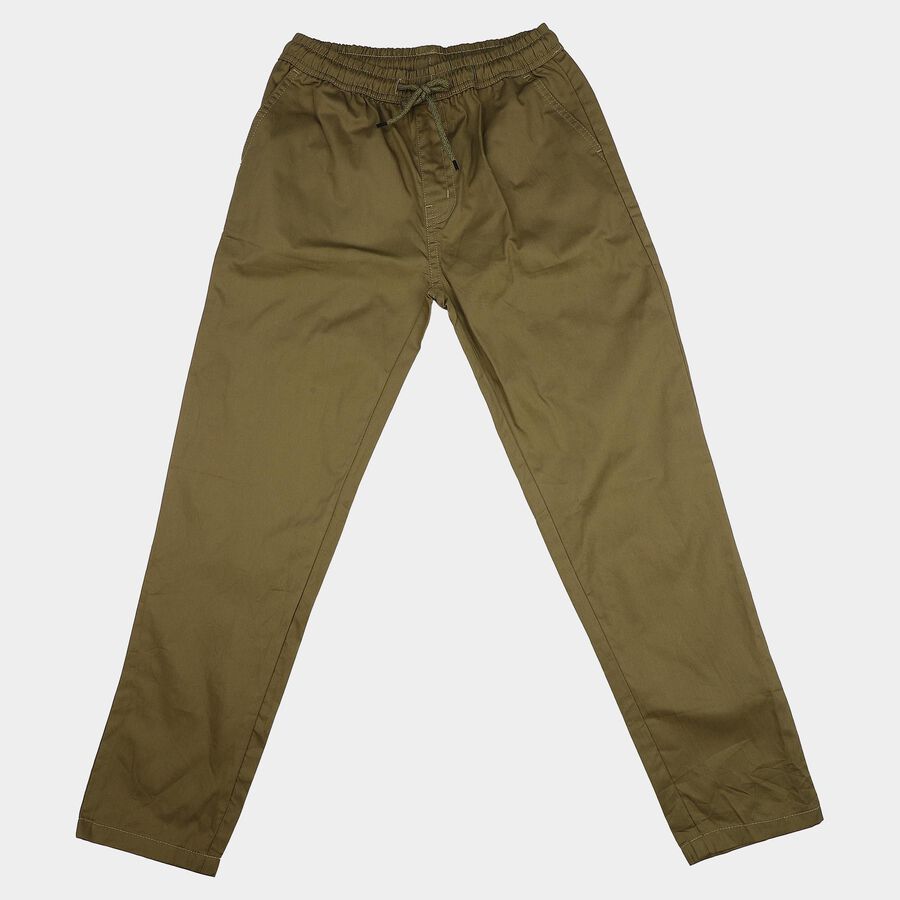 Boys' Olive Green Straight Fit Drawstring Waist Trousers, ओलिव, large