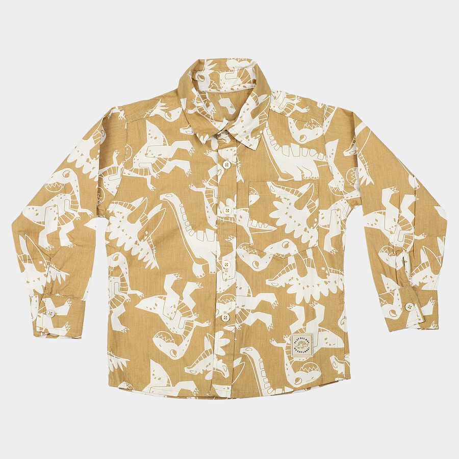 Boys Beige Cotton Printed Regular Fit Shirt, Beige, large
