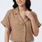 Women Beige Half Sleeve Notched Collar Casual Shirt, Beige, small