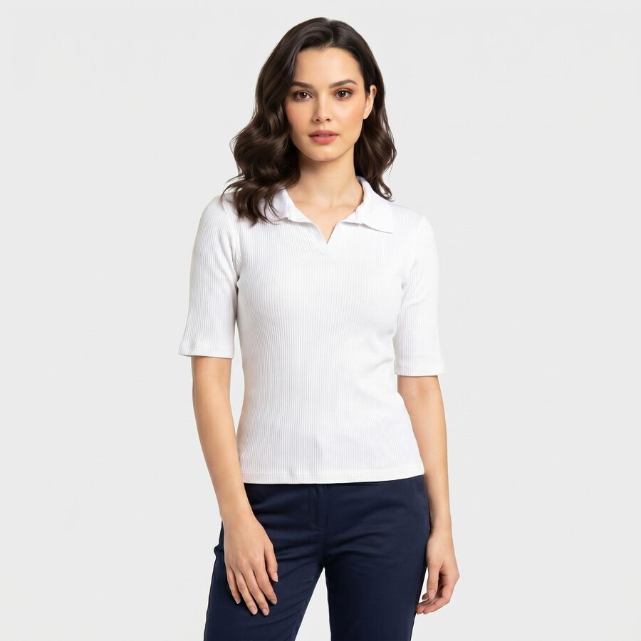 Women's White Polo Neck Polo T-Shirt, सफ़ेद, large
