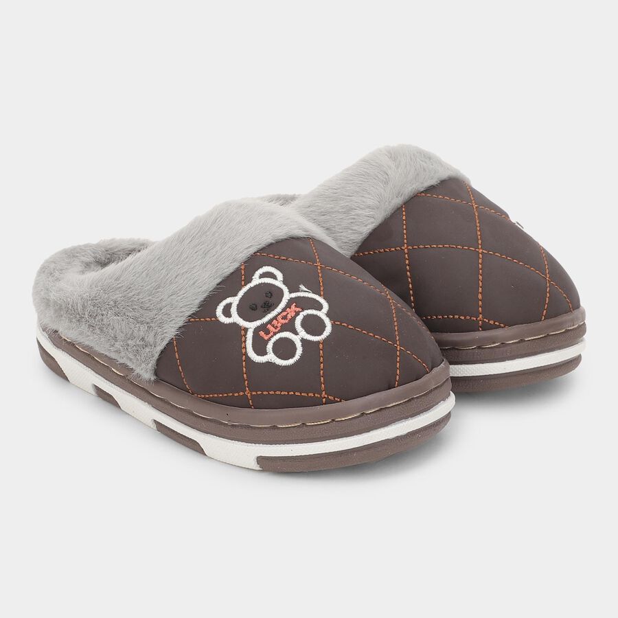 Kids Dark Chocolate Brown Fur Lined Slip-On Winter Slippers, Brown, large image number null