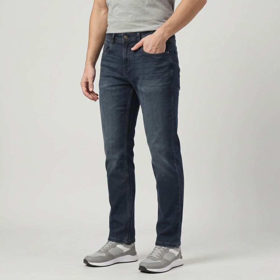 Men's Navy Blue Straight Fit Stretchable Jeans, गहरा नीला, large