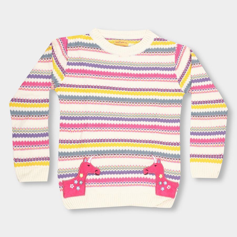 Girls Rich Eggshell White Crew Neck Casual Pullover, Off White, large image number null