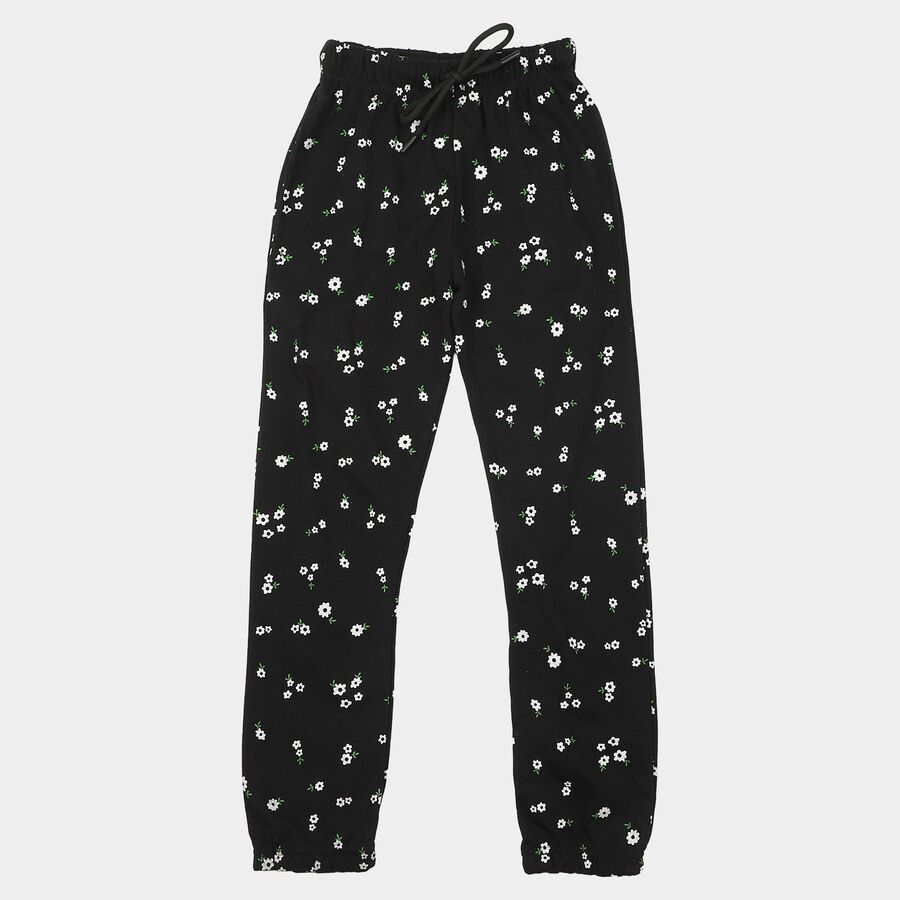 Girls' Black Jogger Floral Printed Cotton Blend Pyjama, Black, large