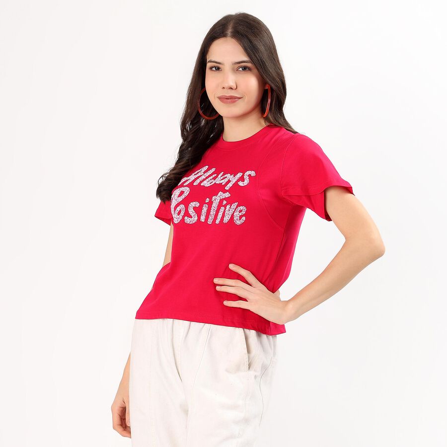 Women's Red Cotton Round Neck Casual T-Shirt, Fuchsia, large image number null