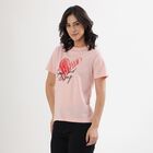 Women's Light Pink Round Neck Graphic Print T-Shirt, Light Pink, small