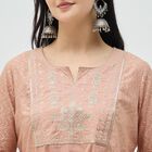 Women's Peach Pink Cotton Notch Neck Embroidered Kurta, Pink, small