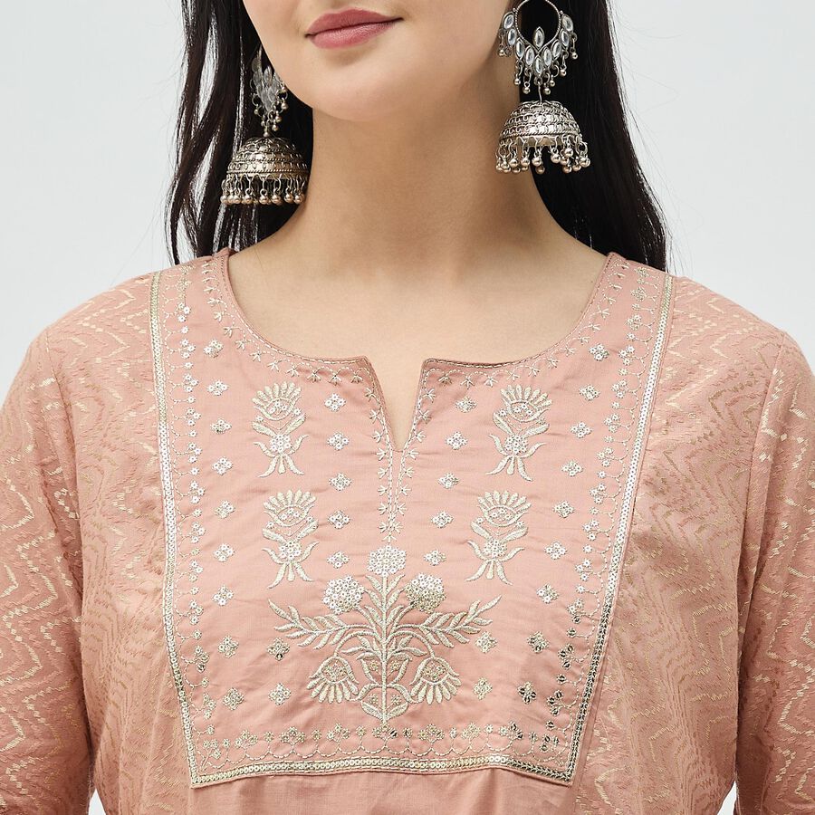 Women's Peach Pink Cotton Notch Neck Embroidered Kurta, Pink, large