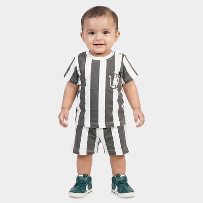 Infants' Charcoal Cotton Round Neck Striped Baba Suit