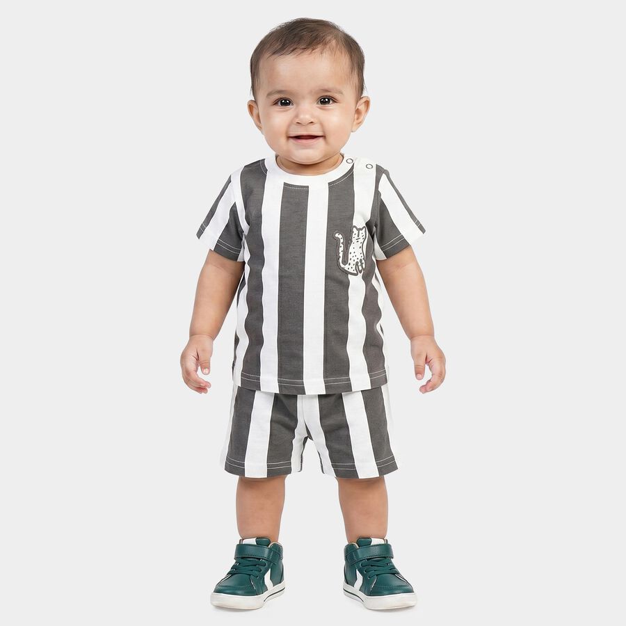 Infants' Charcoal Cotton Round Neck Striped Baba Suit, Charcoal, large