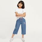 Girls' Stonewashed Blue Cropped Fit Embroidered Jeans, Light Blue, small image number null