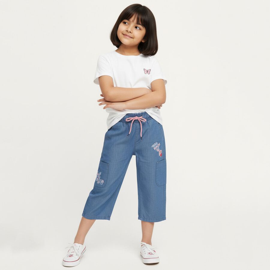 Girls' Stonewashed Blue Cropped Fit Embroidered Jeans, Light Blue, large image number null