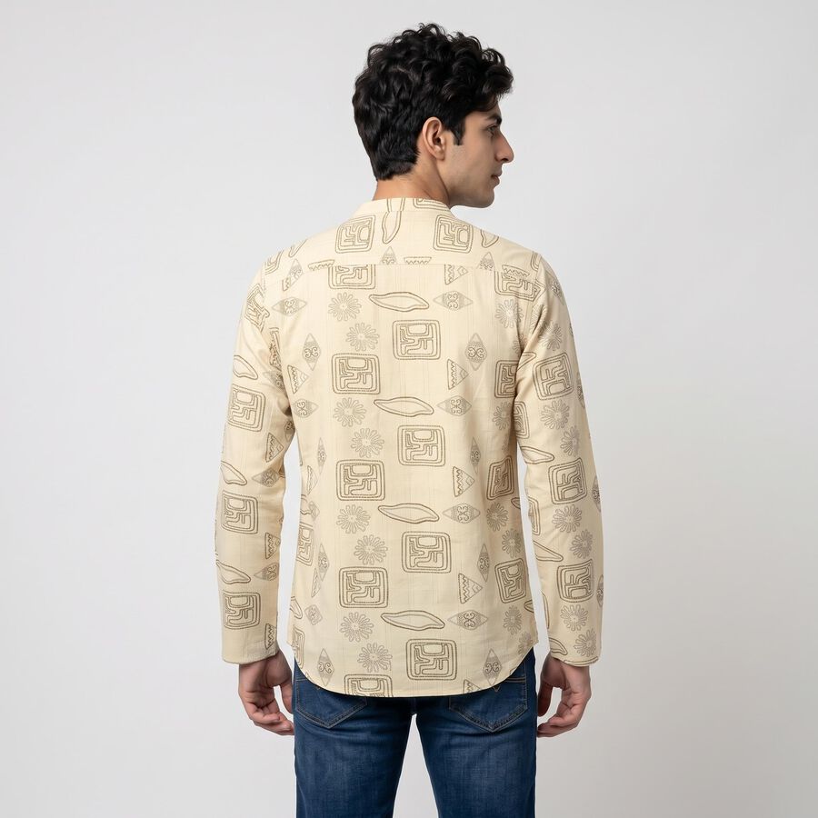 Men's Beige Cotton Mandarin Collar Printed Kurta, Beige, large