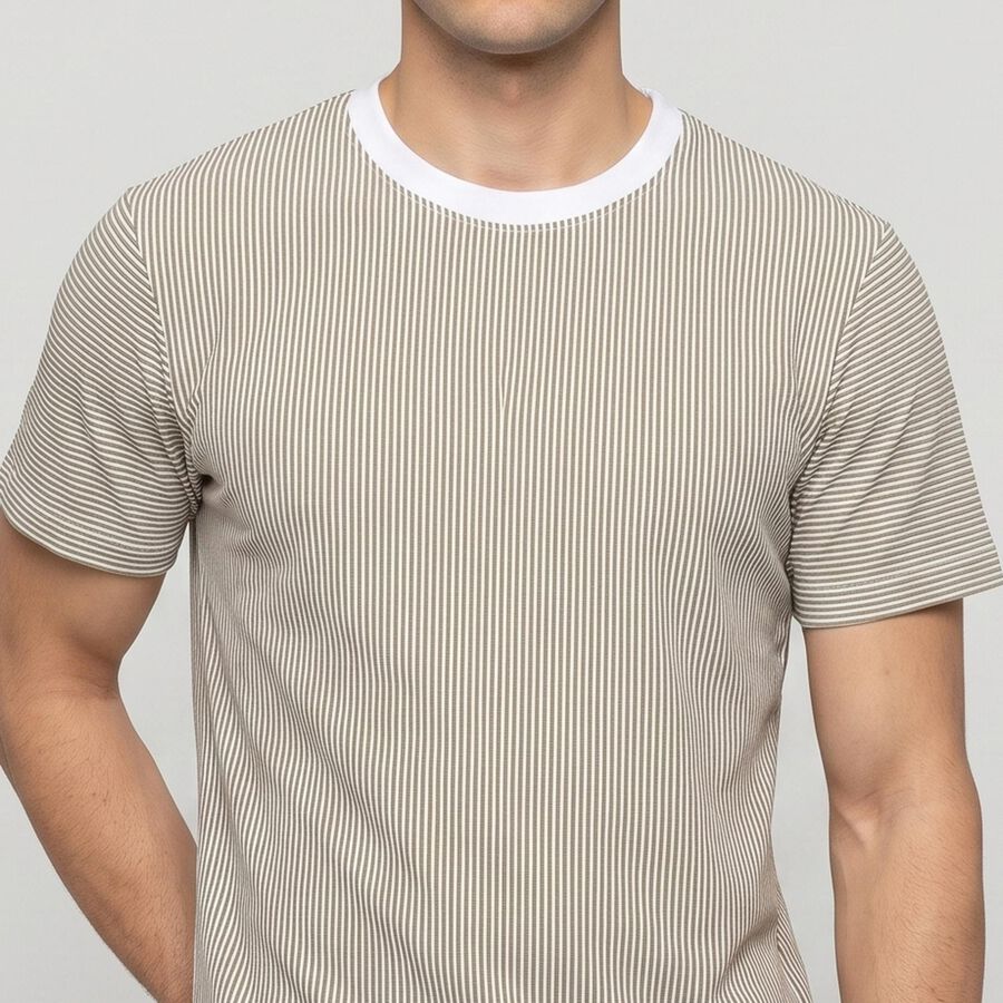 Men's Olive Green Crew Neck Striped Regular T-Shirt, Olive, large