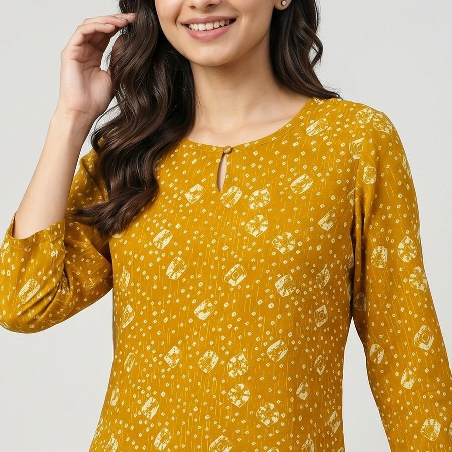 Women's Mustard Round Neck Printed Straight Kurti, Yellow, large