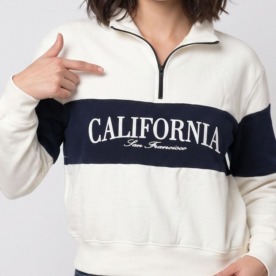 Women Cream High Neck Half-Zip Graphic Print Sweatshirt, Off White, large