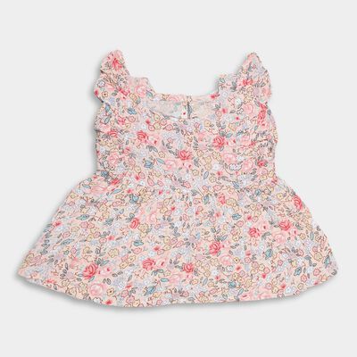 Girls' Peach Round Neck Sleeveless Floral Frock