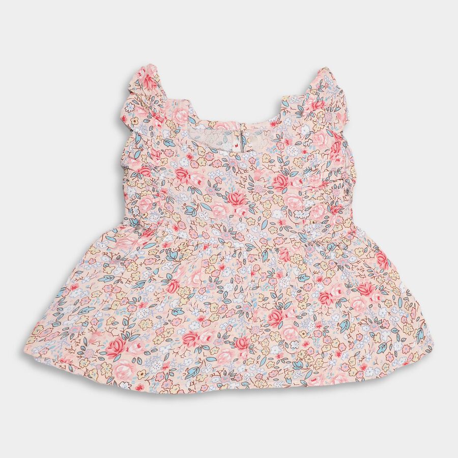 Girls' Peach Round Neck Sleeveless Floral Frock, Peach, large image number null