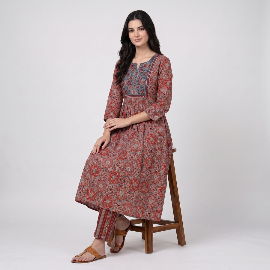 Women's Wine Notch Neck Printed Flared Kurta, Wine, large