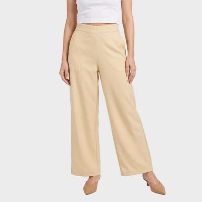 Women Beige Wide Leg High Rise Solid Trousers